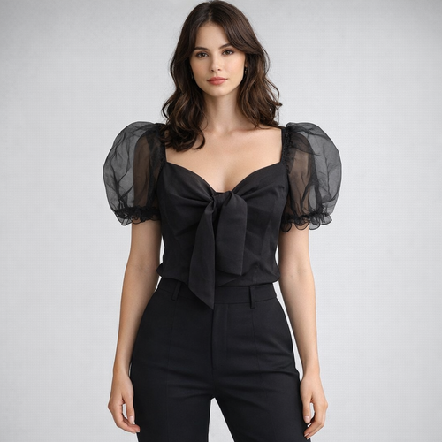 Bluza Neagra cu Maneci din Organza - croiala cambrata