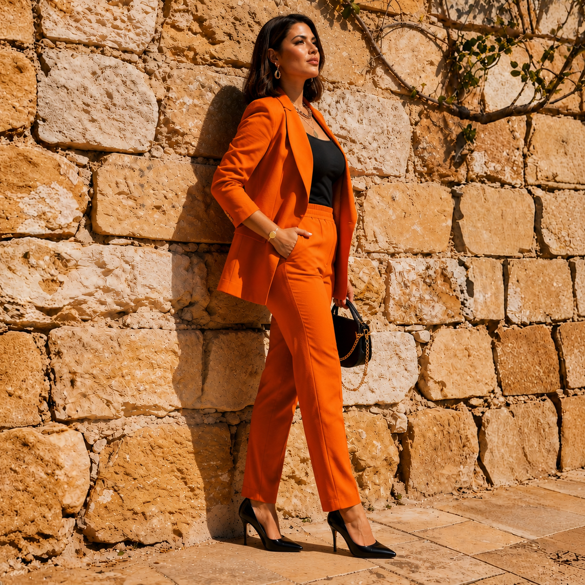 Compleu Tina Portocaliu - sacou si pantaloni din stofa Barbi