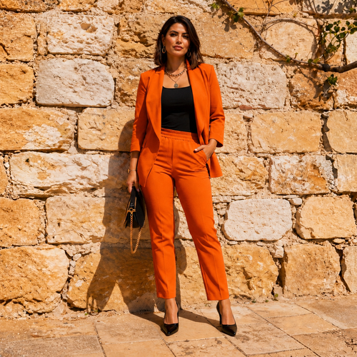 Compleu Tina Portocaliu - sacou si pantaloni din stofa Barbi