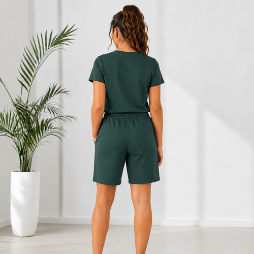 Compleu Sport Dama din Bumbac Verde Inchis - tricou si pantaloni scurti