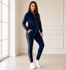 Trening dama Yalle bleumarin din catifea, bluza cu fermoar auriu si pantaloni conici