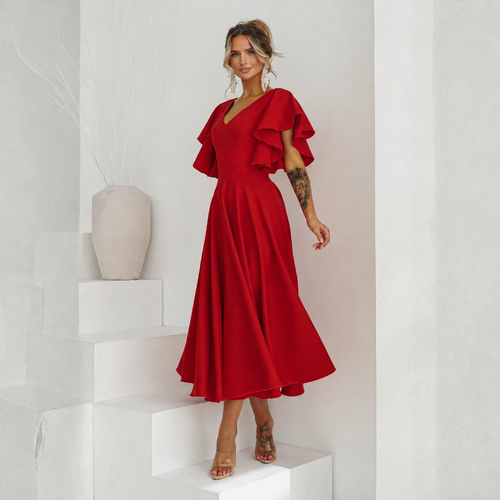 Rochie Bliss Rosu - rochie lunga eleganta cu decolteu in V