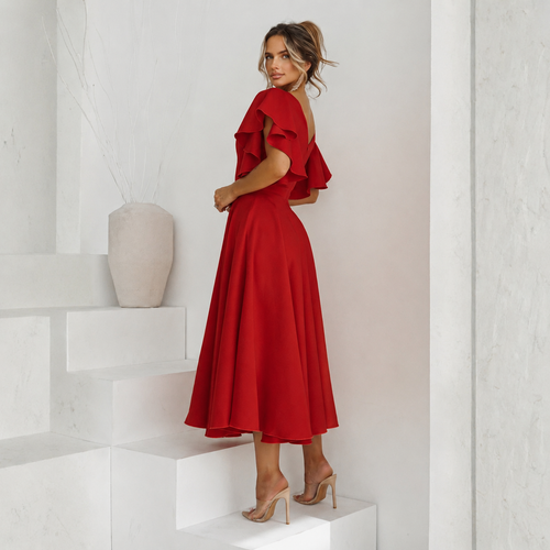 Rochie Bliss Rosu - rochie lunga eleganta cu decolteu in V