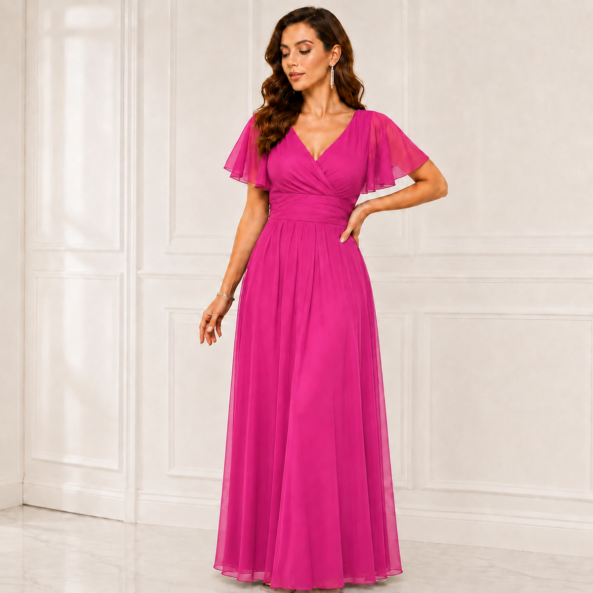 Rochie Iris Fucsia din voal - croiala empire pentru domnisoare de onoare