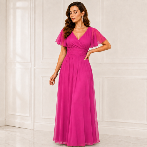 Rochie Iris Fucsia din voal - croiala empire pentru domnisoare de onoare