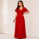 Rochie Iris Rosu din voal - croiala empire pentru domnisoare de onoare