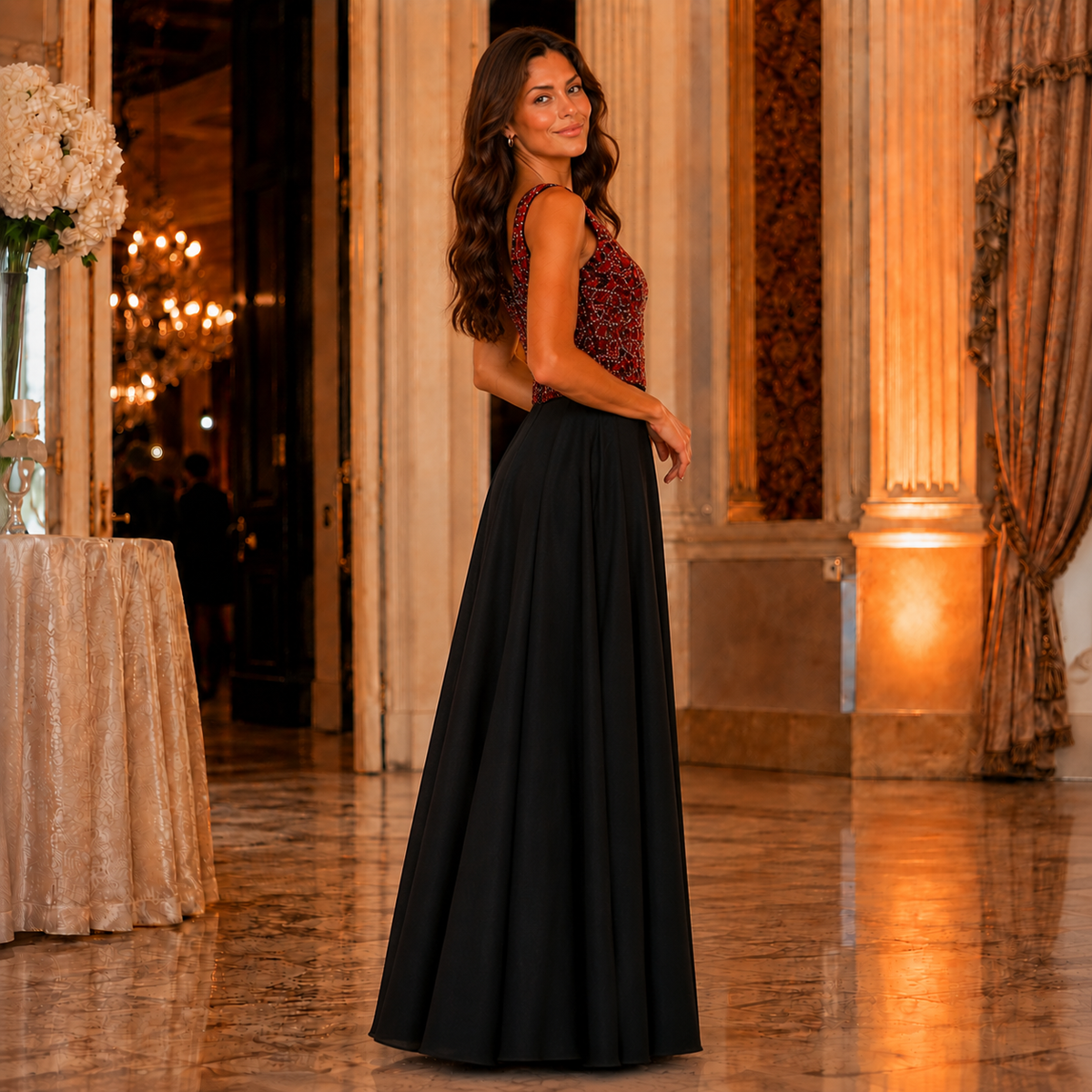 Rochie Silvia Rosu din Paiete si Voal