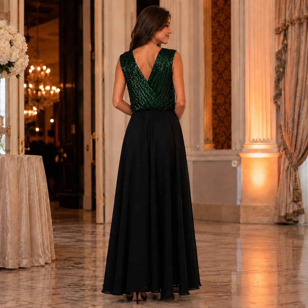 Rochie Silvia Verde cu paiete si voal - rochie eleganta de seara