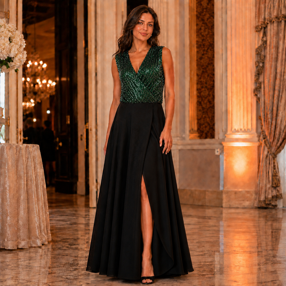 Rochie Silvia Verde cu paiete si voal - rochie eleganta de seara