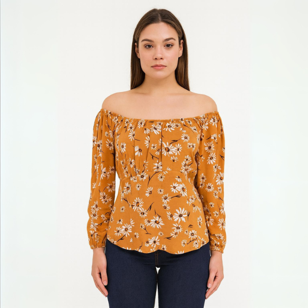 Bluza Mustar Camelia cu Umeri Goi si Imprimeu Floral