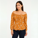 Bluza Mustar Camelia cu Umeri Goi si Imprimeu Floral