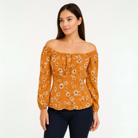 Bluza Mustar Camelia cu Umeri Goi si Imprimeu Floral
