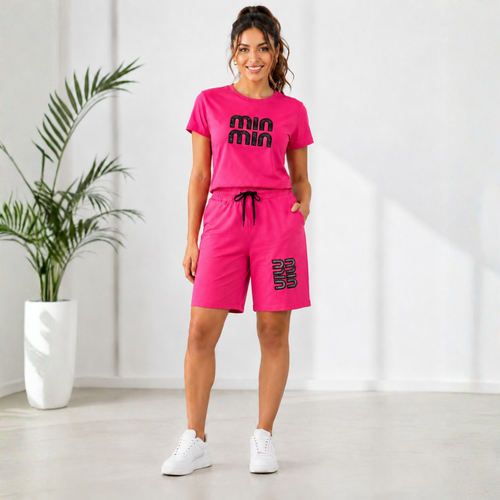 Compleu Sport Dama din Bumbac Fucsia - tricou si pantaloni scurti