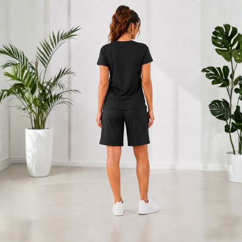 Compleu Sport Dama din Bumbac Negru - tricou si pantaloni scurti