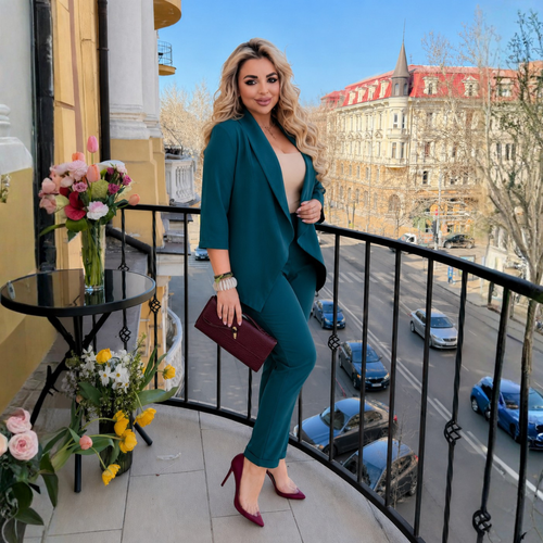 Compleu Tina Petrol - sacou si pantaloni din stofa Barbi