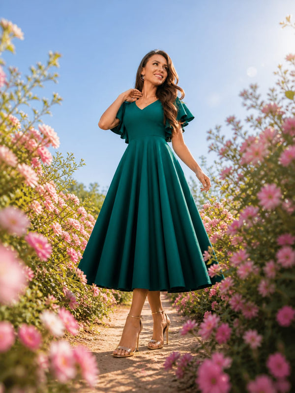Rochie verde smarald cu volane - Novalia.ro