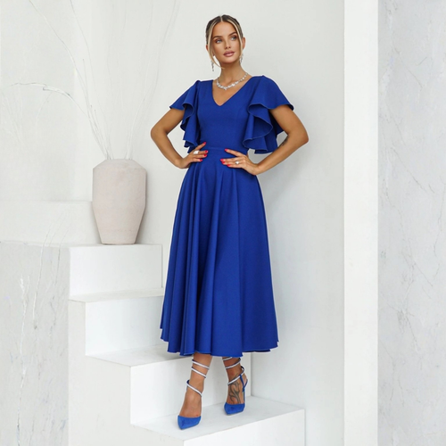 Rochie Bliss Albastru - rochie lunga eleganta cu decolteu in V