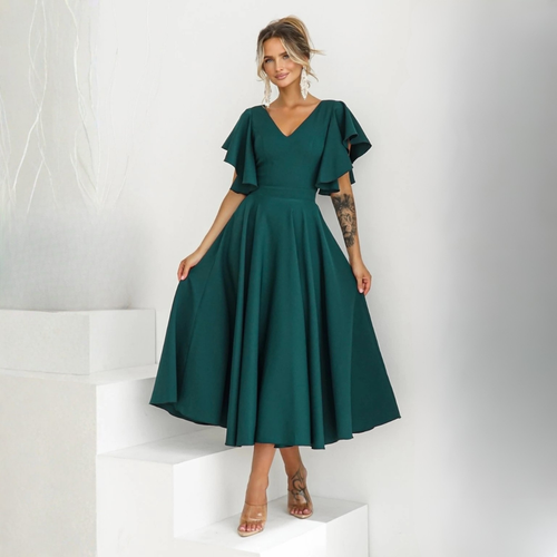 Rochie Bliss Verde Inchis - rochie lunga eleganta cu decolteu in V